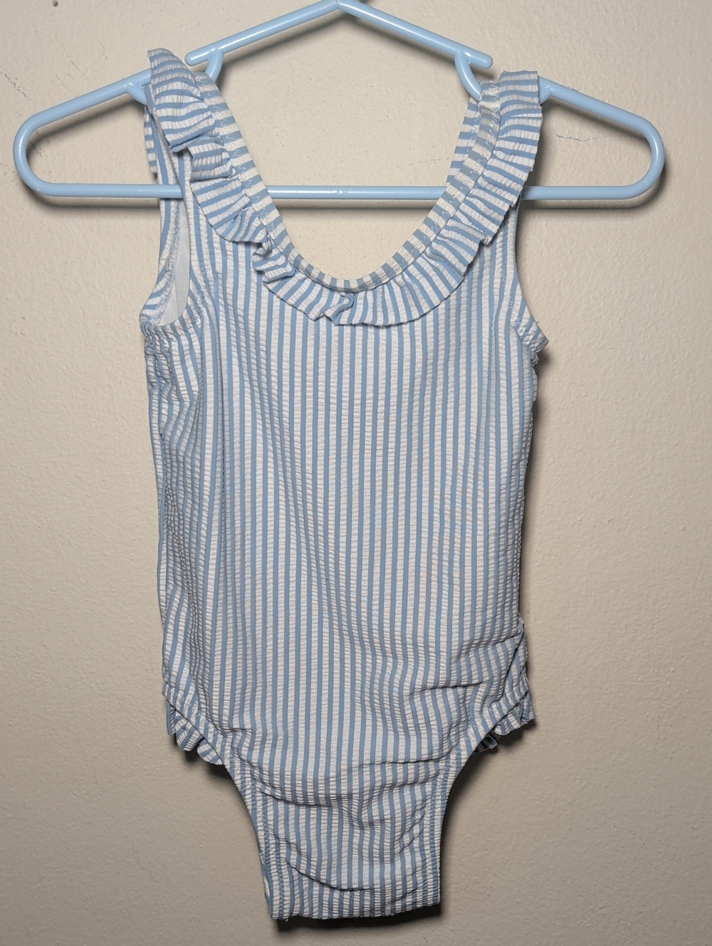 Old Navy One-Piece Baby Girl Swimsuit Blue + White Striped Ruffle Collar 18-24M